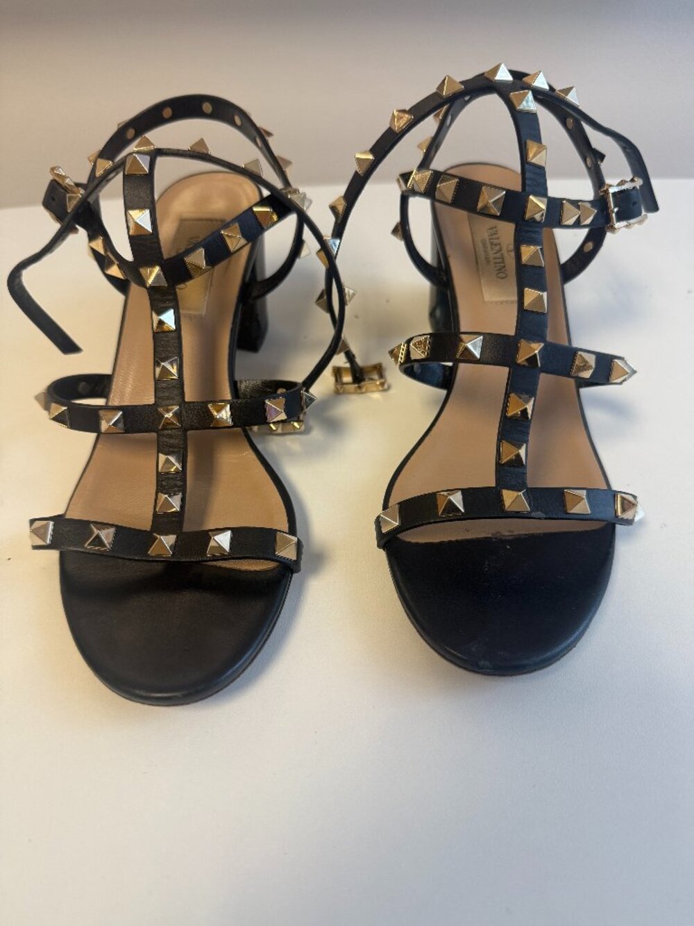 Valentino Garavani Rockstud Black Leather Block Heel Sandal 37.5